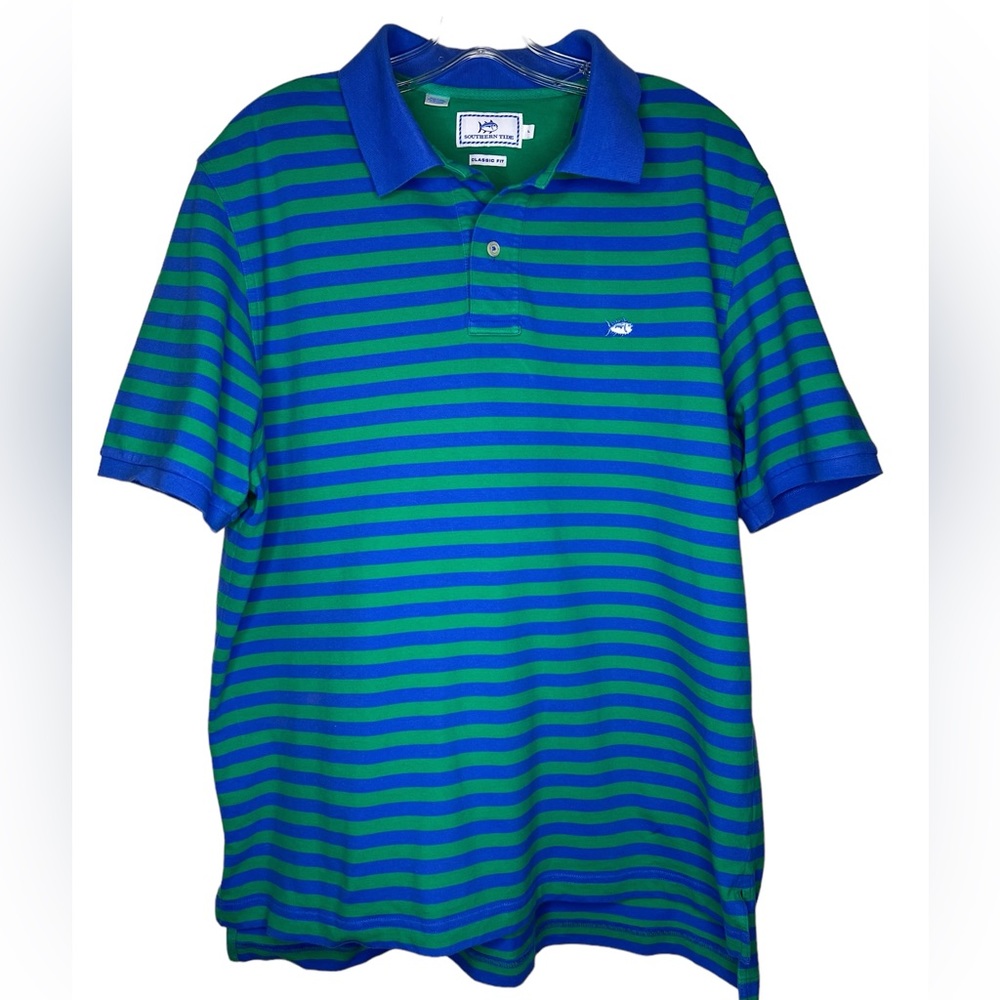 Southern Tide Blue and Green Striped Polo Shirt